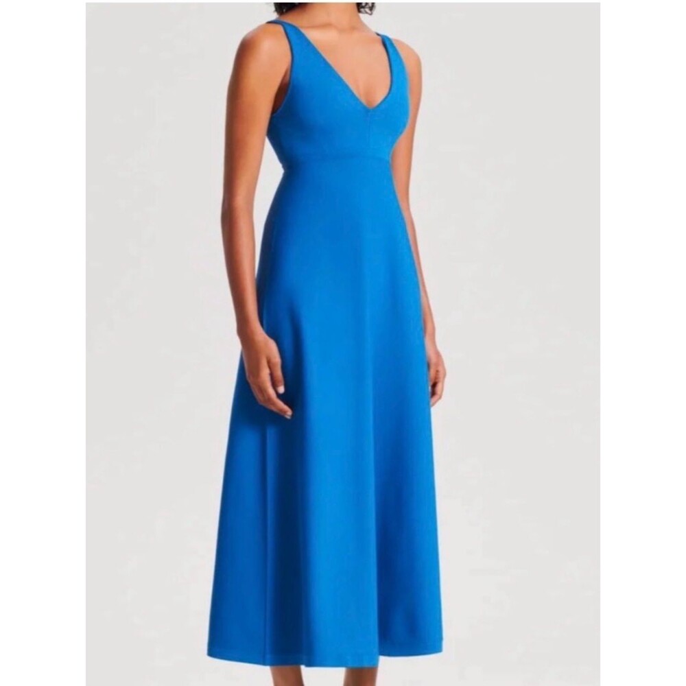 Scanlan Theodore Prussian Blue Crepe Knit V-Neck Midi Dress Medium Old Money